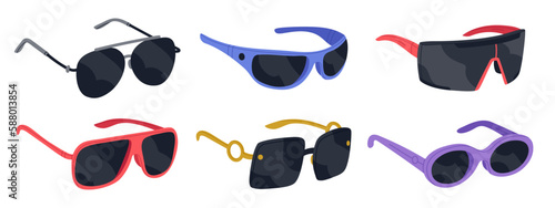 Plastic frame shades. Trendy sunglasses, fashionable eyewear accessories flat vector illustration set