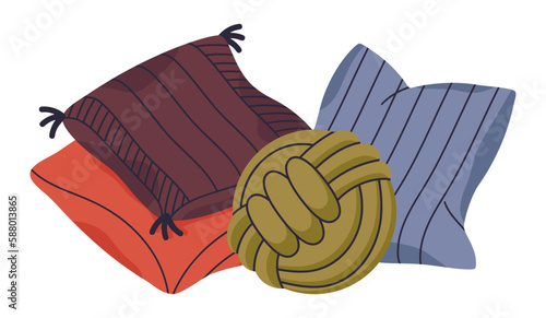 Textile pillows. Home interior pillows, feathered sofa cushions, cozy pillows flat vector background illustration