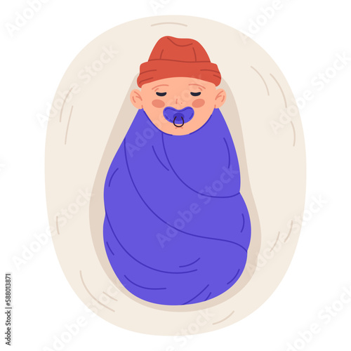 Swaddled newborn baby. Sleeping little boy with pacifier, funny toddler, kid with baby blanket flat cartoon vector illustration