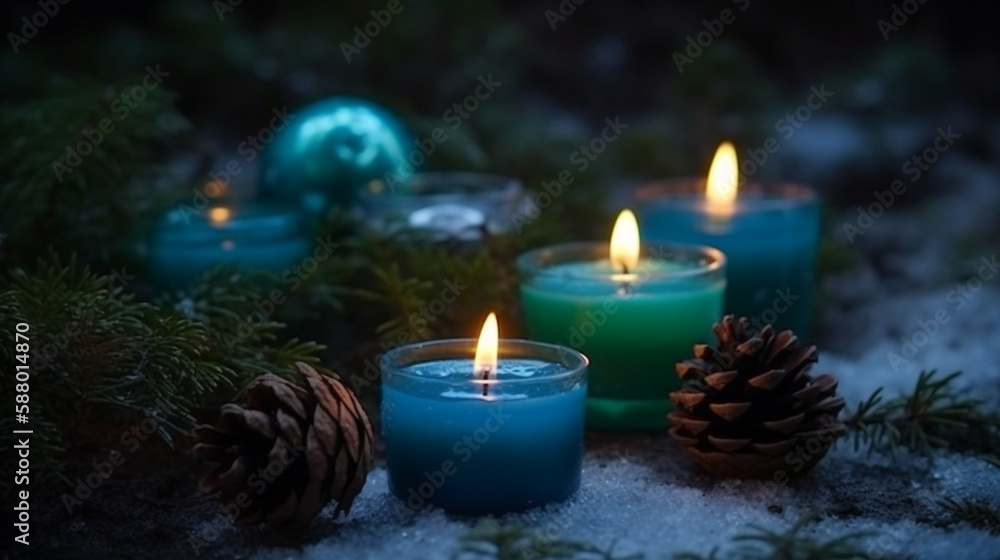 Burning green, blue candles and cones on the background of a fir tree in a Christmas composition. Generative AI Burning green, blue candles and cones on the background of a fir tree in a Christmas composition. Generative AI