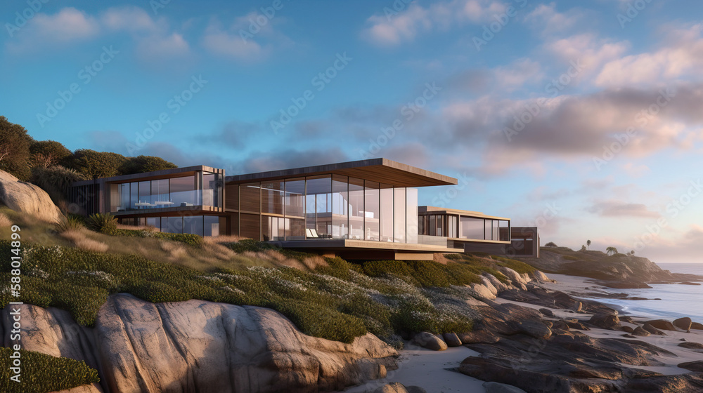 Beachfront Home with Cutting-Edge Exterior, Modern Aesthetic, Luxury Seaside Living - Generative AI