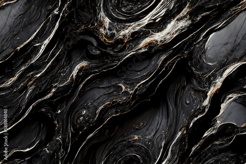 Dripping molten chaotic ultra black marble pattern, textured continuous dark tiled background, repeating underground wallpaper, generative ai © PATTERNS FOR YOU
