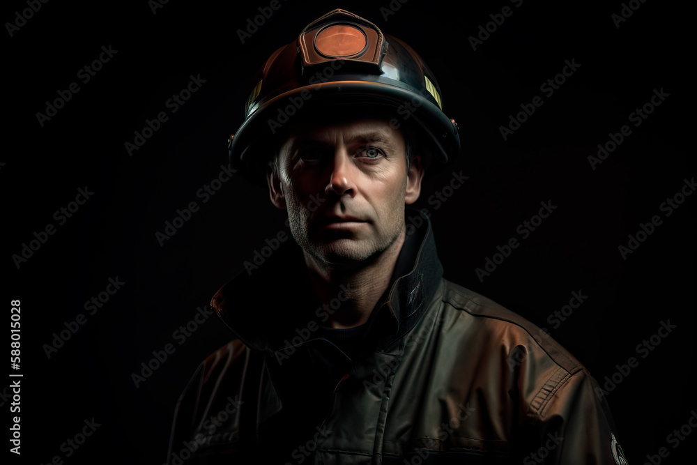A firefighter dressed in a uniform in a studio. Ai generated