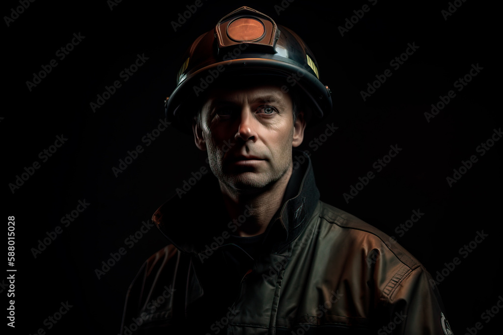 Naklejka premium A firefighter dressed in a uniform in a studio. Ai generated
