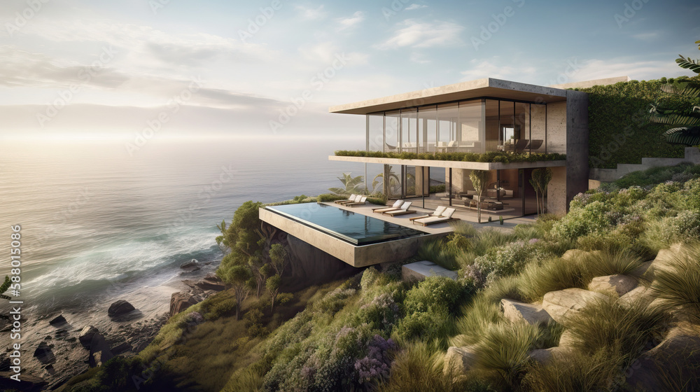 Obraz premium Stunning Beachfront Home, Cutting-Edge Exterior, Modern Design, Luxury Coastal Residence - Generative AI