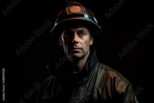 A firefighter dressed in a uniform in a studio. Ai generated © Frenchiebuddha