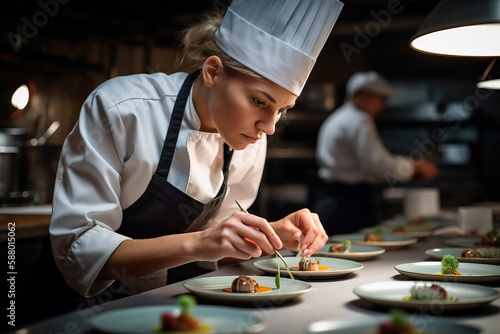 Female chef garnishing food in kitchen at restaurant. Ai generated photo