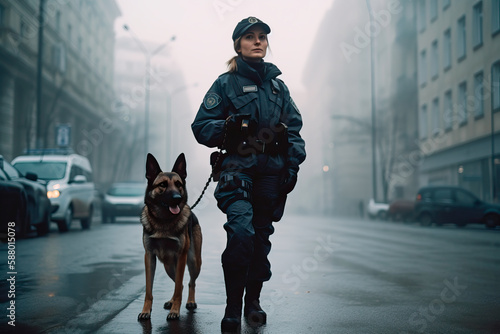 Female police officer with dog patrolling empty city street in foggy day. Ai generated