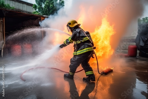irefighter training., fireman using water and extinguisher to fighting with fire flame in an emergency situation., under danger situation all firemen wearing fire fighter suit for safety. Ai generated