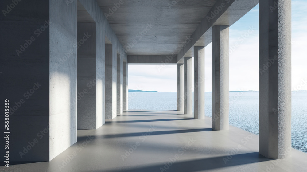 Abstract Large Empty Modern Concrete Room Ocean View, Architectural Design, Minimalist Interior - Generative AI Abstract Large Empty Modern Concrete Room Ocean View, Architectural Design, Minimalist Interior - Generative AI