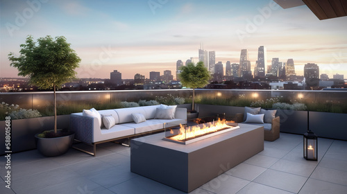 Elegant Rooftop Terrace with City View, Urban Oasis, Modern Outdoor Space, Relaxing Atmosphere - Generative AI