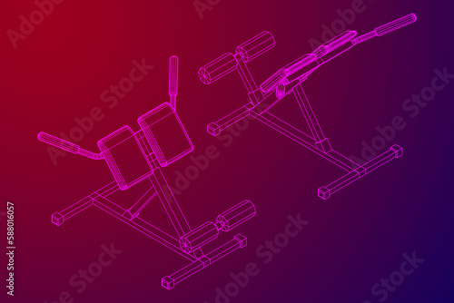 Modern exercise machine for the back and abs. Hyperextension simulator for home and gym. Sports at home. Wireframe low poly mesh vector illustration