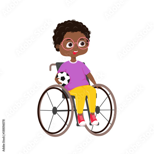 A cute afro american boy on a wheelchair is holding a soccer ball. The concept of inclusive education at school, for catalogs, informational and institutional material