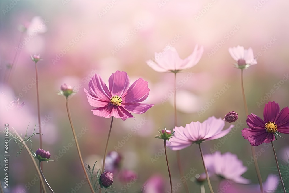 Beautiful Pink flowers on blurred background. Generative Ai.