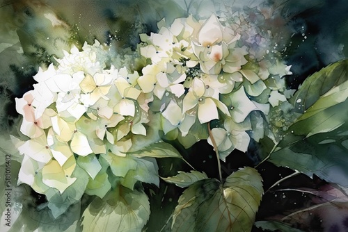 Beautiful watercolor illustration of white flowers. Generative Ai.