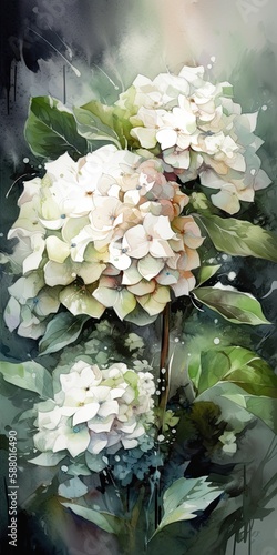 Beautiful watercolor illustration of white flowers. Generative Ai.
