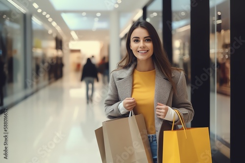 Smiling young woman with shopping bags in the shopping mall. Generative AI
