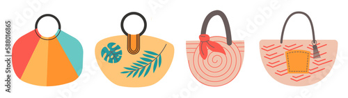 Cartoon summer elements, summertime accessory. Vector set of beach bags. Flat vector illustration.