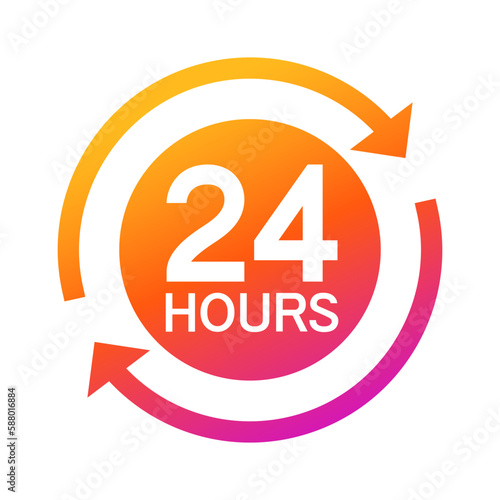 Twenty four hour with arrow loop icon, 24 hours cyclic sign, Opened order execution or delivery, All day business and service, Vector design illustration