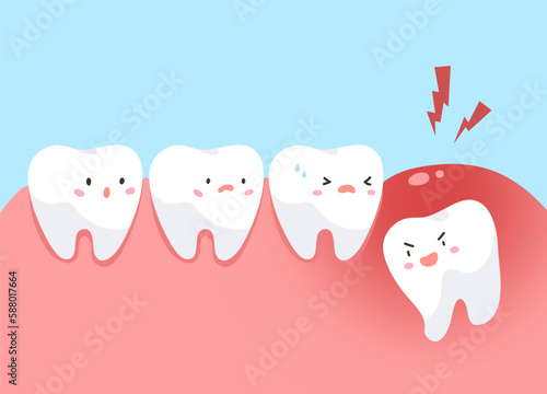 Cute cartoon of teeth and painful of wisdom tooth under gum. Concept of impacted tooth, pain, dental health, dentistry. Flat vector illustration. 