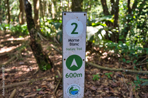 Mahe Seychelles 03.04.2023 Morn blanc nature trail, 600 meters sign borad Mahe Seychelles photo