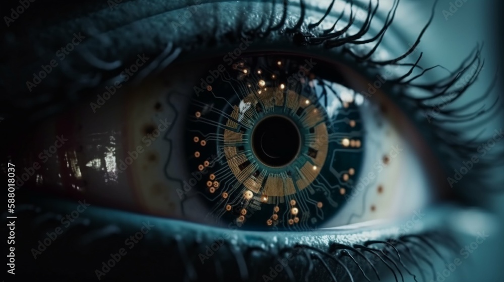 Extreme close-up of an robotic eye, electronic pupil, chip, generative AI Extreme close-up of an robotic eye, electronic pupil, chip, generative AI