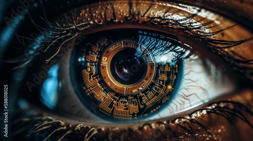 Extreme close-up of an robotic eye  electronic pupil  chip  generative AI