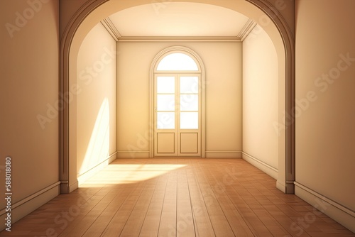 Illustration of an empty room with a door and a window. Generative AI