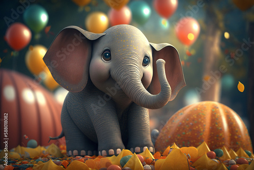 Little elephant with pumpkins and balloons on the way to a Halloween party
