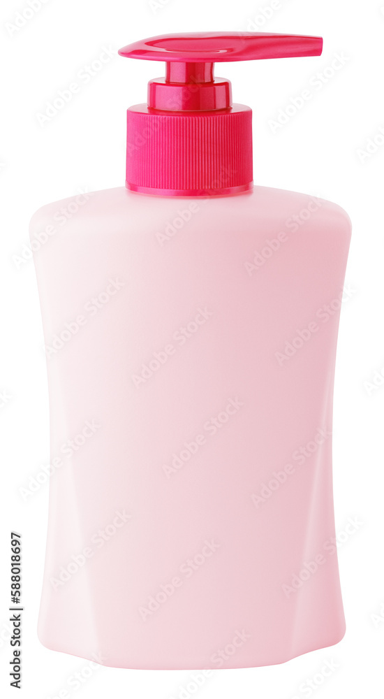 Front view of gel, foam or liquid soap dispenser pump pink plastic bottle isolated on transparent background Front view of gel, foam or liquid soap dispenser pump pink plastic bottle isolated on transparent background