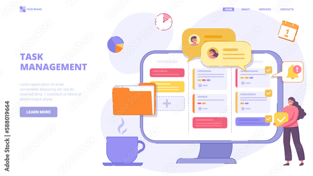 Project management, task management application, list of tasks online, successful business plan tasks. Flat design concept for landing page. Vector illustration with tiny characters. Project management, task management application, list of tasks online, successful business plan tasks. Flat design concept for landing page. Vector illustration with tiny characters.