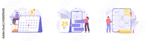 Set of shopping vector flat illustrations: schedule and task management, time planning, calendar application with floral elements and characters. Shopping icons for web site, landing page, banner. 