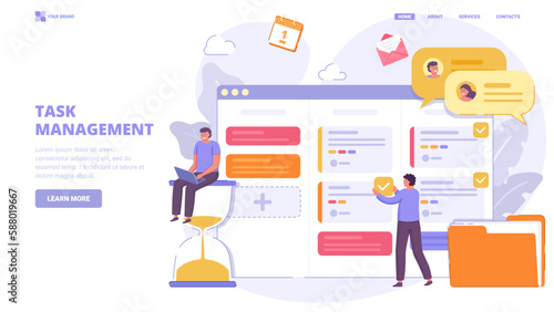 Project management, task management application, list of tasks online, successful business plan tasks. Flat design concept for landing page. Vector illustration with tiny characters.