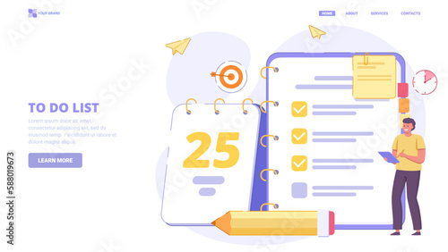 To do list application, list of tasks online, to do reminder app, checklist, successful business plan tasks. Flat design concept for landing page. Vector illustration with tiny characters.