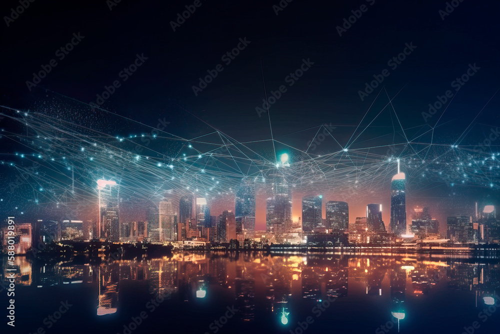 Smart city and abstract dot point connect with gradient line and aesthetic Intricate wave line design , big data connection technology concept. Ai generated Smart city and abstract dot point connect with gradient line and aesthetic Intricate wave line design , big data connection technology concept. Ai generated