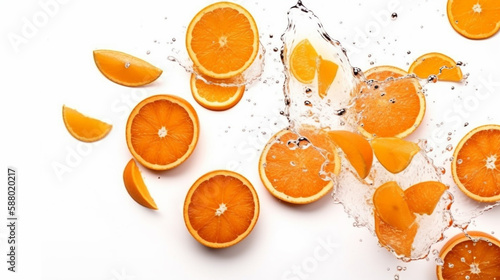 Round slices of ripe, fresh orange fall. Citrus fruit in flight isolated on a white background Generated AI