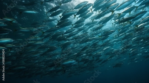 School of fish swimming under water of sea. School sardine fish swims in underwater Generated AI