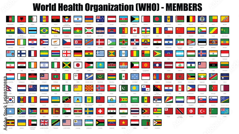 Flags of Member countries of the World Health Organization (WHO). World