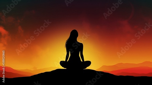 silhouette of a woman meditating in front of a rising sun, abstract background, positive energy, breath the morning, created using generative AI