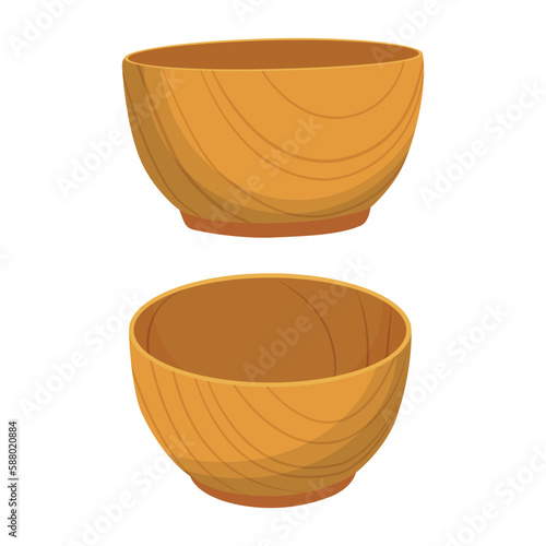 Vector illustration of wooden bowl. Kitchenware organic nature lifestyle. Empty wooden bowl isolated on a white background. Vector illustration of utensils made of natural material in cartoon