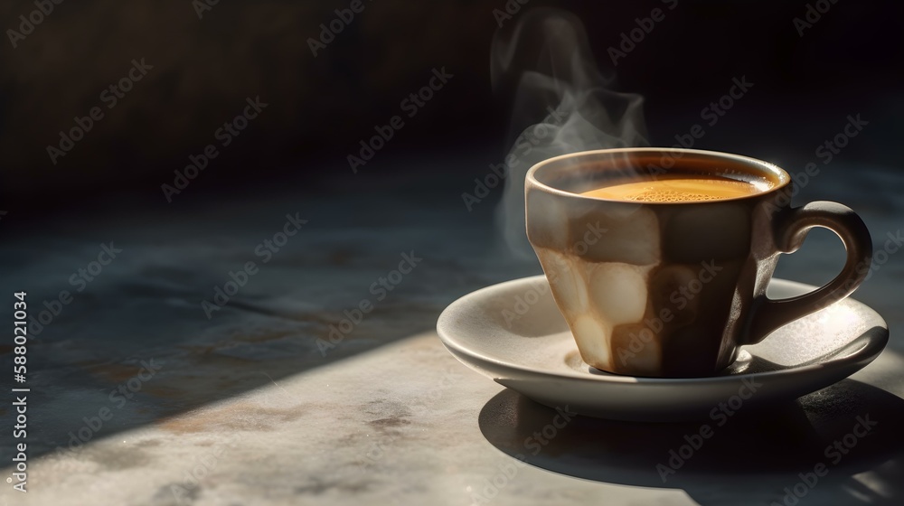 Cup of Espresso with Coffee Crema on Stone Texture in Morning Sunlight Cup of Espresso with Coffee Crema on Stone Texture in Morning Sunlight