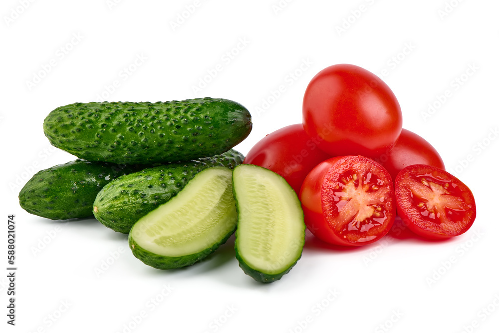 Cucumbers and tomatoes, close-up, isolated on white background. Cucumbers and tomatoes, close-up, isolated on white background.