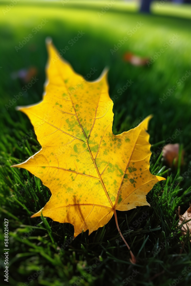 A yellow leaf is laying on the grass in front of a green background A yellow leaf is laying on the grass in front of a green background