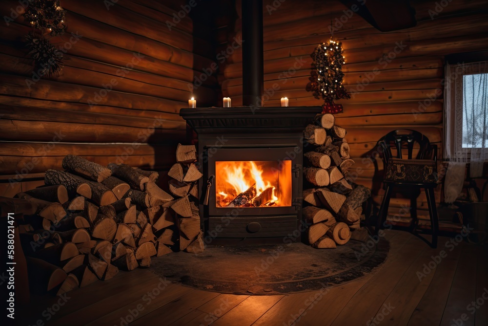 Cozy Fireplace With A Wood Burning Stove Stock Photo - Download