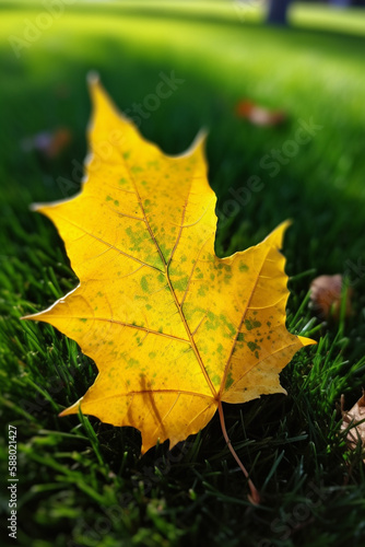 A yellow leaf is laying on the grass in front of a green background