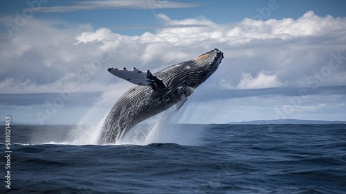 A Humpback Whale Swimming Wild in the Blue Pacific Ocean: A Majestic Jump into Migration. Generative AI © AIGen