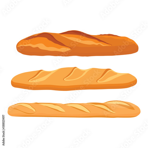 Vector illustration of baguette bread. French baguette set on a white isolated background. Slices of white bread. Half a loaf. Long Loaf Bread.