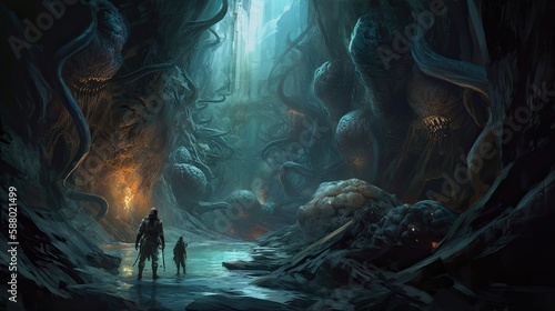 Action-Packed Adventure in an Earthly, Dark, and Creepy Nightmare: A Lovecraft-Inspired Digital Painting Scene with Tentacle Monsters Attacking Human Figure. Generative AI