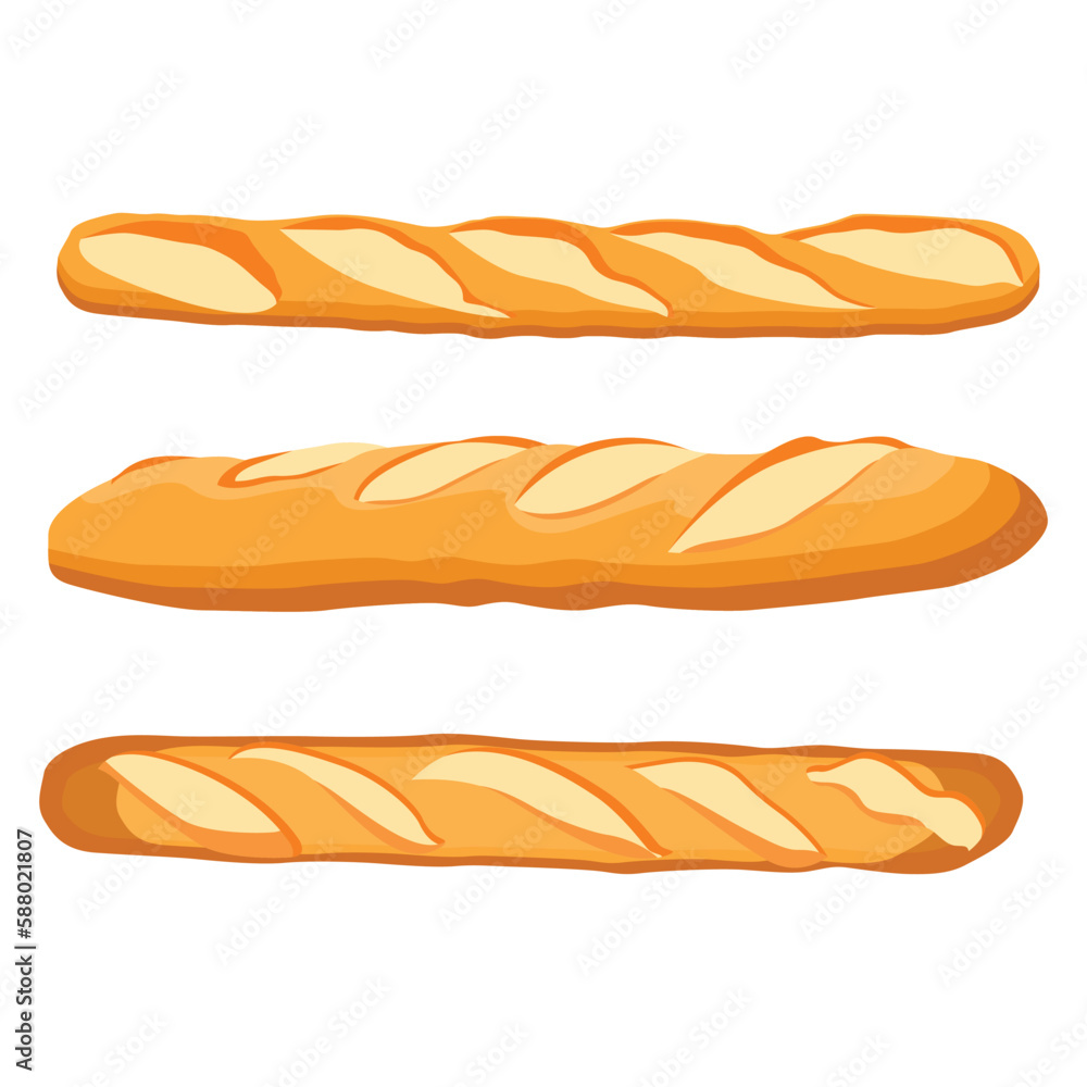 Vector illustration of baguette bread. French baguette set on a white isolated background. Slices of white bread. Half a loaf. Long Loaf Bread. Vector illustration of baguette bread. French baguette set on a white isolated background. Slices of white bread. Half a loaf. Long Loaf Bread.