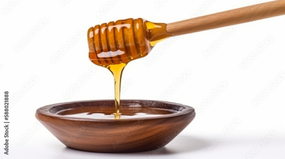 Wooden dipper with honey pouring or honey dripping from dipper isolated Generated AI Wooden dipper with honey pouring or honey dripping from dipper isolated Generated AI